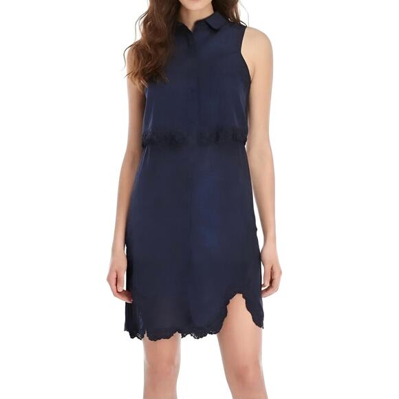 NWT Parker Aquarius Overlay Lace Trim Shirt Dress Navy Blue M Lace Hem - Picture 2 of 11